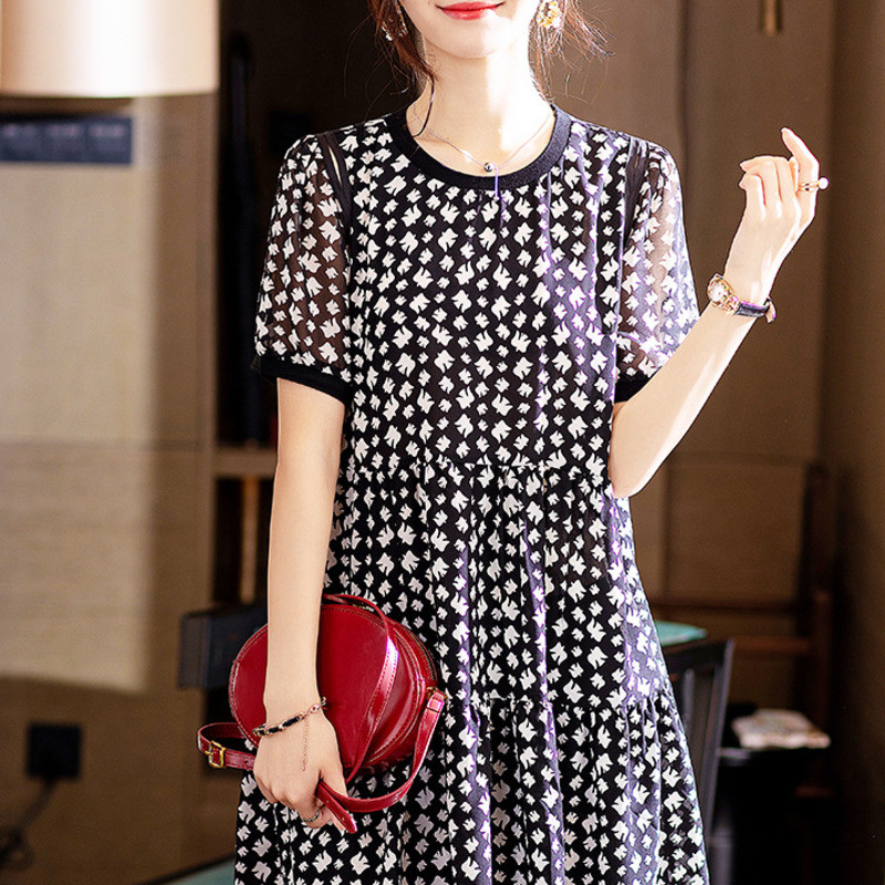 #4501 Must roosa trükitud šifoonist vintage kleit naiste lühikeste varrukatega seksikas A-kujuline kleit, naiselik, õhuke lõhenenud liiges Retro Vestidos suvine