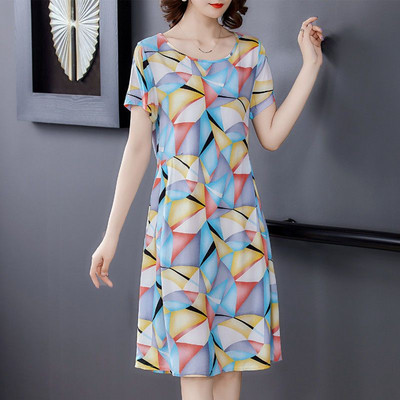 Rochie midi elegantă, cu decolteu în formă de O, cu pliuri, rochie midi geometrică, îmbrăcăminte pentru femei, rochie cu mânecă scurtă, noua vară 2024.