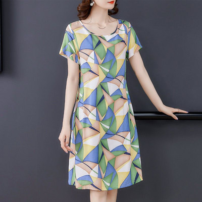 Rochie midi elegantă, cu decolteu în formă de O, cu pliuri, rochie midi geometrică, îmbrăcăminte pentru femei, rochie cu mânecă scurtă, noua vară 2024.