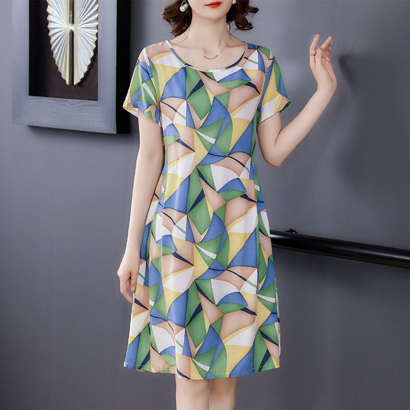 Rochie midi elegantă, cu decolteu în formă de O, cu pliuri, rochie midi geometrică, îmbrăcăminte pentru femei, rochie cu mânecă scurtă, noua vară 2024.