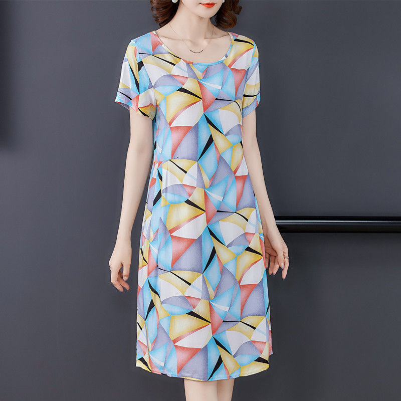 Rochie midi elegantă, cu decolteu în formă de O, cu pliuri, rochie midi geometrică, îmbrăcăminte pentru femei, rochie cu mânecă scurtă, noua vară 2024.