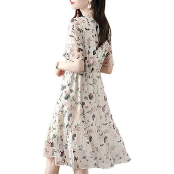 Елегантна О-образна дантела с щампа с щампа с пеперуди и ръкави, флорална рокля Дамско облекло, лято 2024 г. Нова широка миди рокля за офис дама