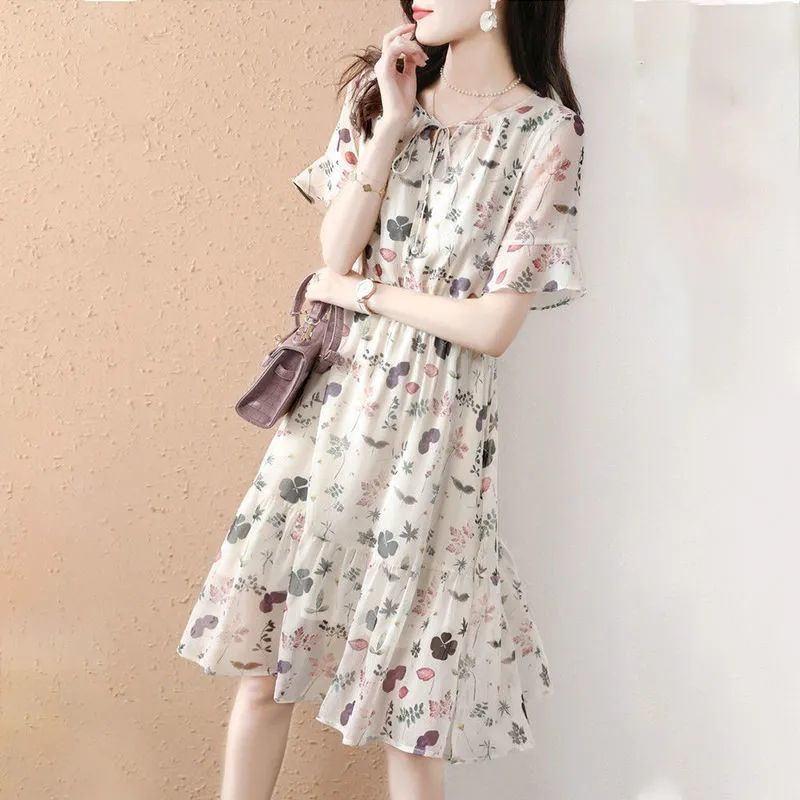 Elegantne O-kaelusega pitsiline vibutrükiga liblikas varrukatega lilleline kleit Naisteriided 2024. aasta suvine uus vaba kontori daami midikleit