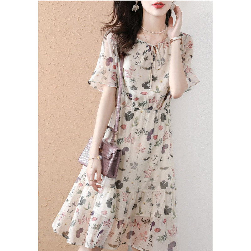 Elegantne O-kaelusega pitsiline vibutrükiga liblikas varrukatega lilleline kleit Naisteriided 2024. aasta suvine uus vaba kontori daami midikleit