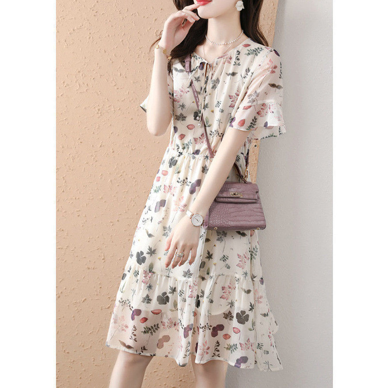 Elegantne O-kaelusega pitsiline vibutrükiga liblikas varrukatega lilleline kleit Naisteriided 2024. aasta suvine uus vaba kontori daami midikleit