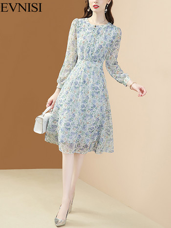 EVNISI Шифонена флорална рокля за жени 2023 Есенни нови френски рокли с щампи с дълги ръкави в плажен стил, О-образно деколте, vestidos