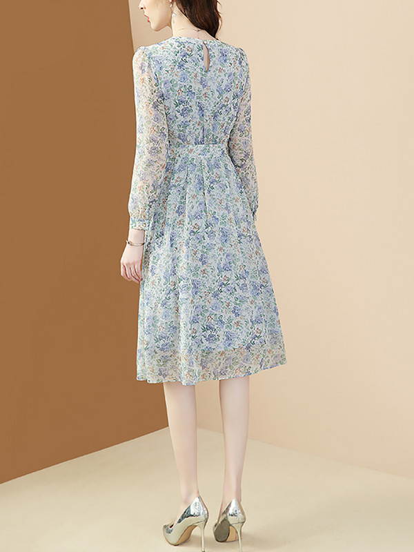 EVNISI Chiffon Floral Φόρεμα Φθινόπωρο 2023 Νέα Γαλλικά μακρυμάνικα εμπριμέ φορέματα Beach Style Vestidos με λαιμόκοψη σε O-line