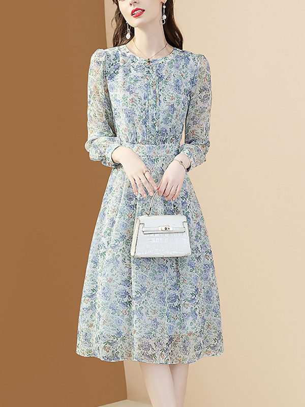 EVNISI Chiffon Floral Φόρεμα Φθινόπωρο 2023 Νέα Γαλλικά μακρυμάνικα εμπριμέ φορέματα Beach Style Vestidos με λαιμόκοψη σε O-line