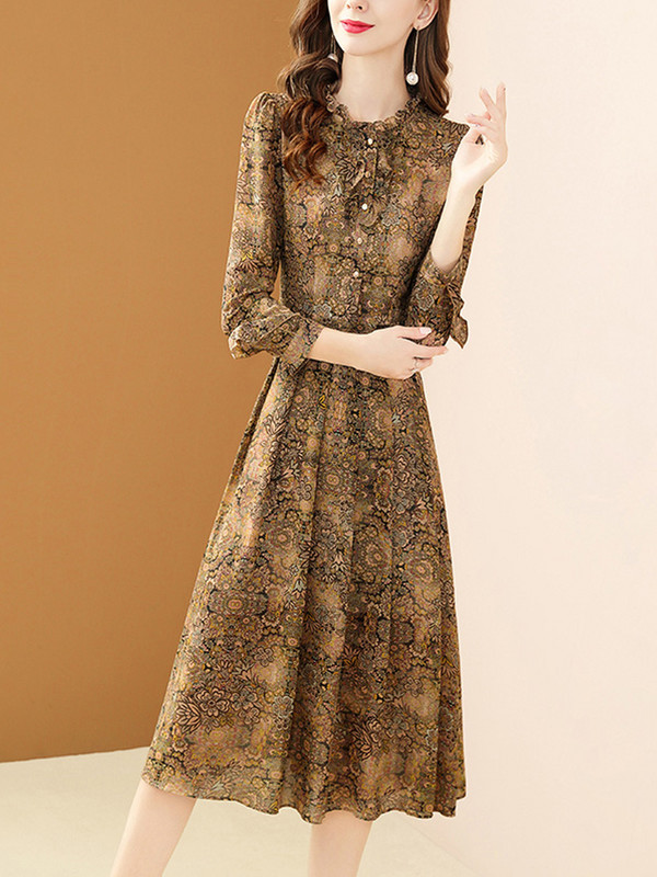 EVNISI Chiffon Floral Φόρεμα Φθινόπωρο 2023 Νέα Γαλλικά μακρυμάνικα εμπριμέ φορέματα Beach Style Vestidos με λαιμόκοψη σε O-line