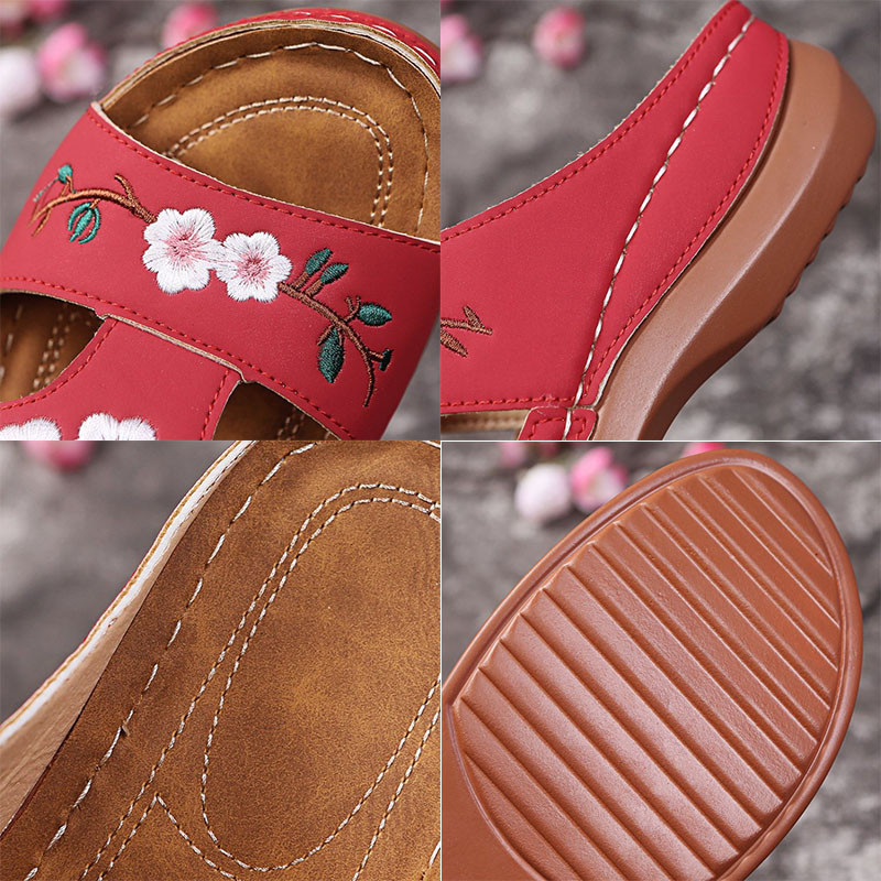 Sieviešu čības Izšūt Ziedi Ādas Sieviešu sandales 2024 āra gaišas ikdienišķas ķīļi čības Sieviešu vasaras kurpes