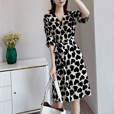 Mini rochie cu fundă de bandaj cu pliuri libere imprimate de epocă Îmbrăcăminte pentru femei 2023 rochie nouă cu mâneci bufante de birou pentru damă