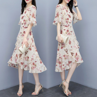 Suvine lühikeste varrukatega volangidega Merineitsi kleit Naiste Elegantne V-kaelusega lilleline kleit Korea moodne šifoonist rannapuhkuse vestid
