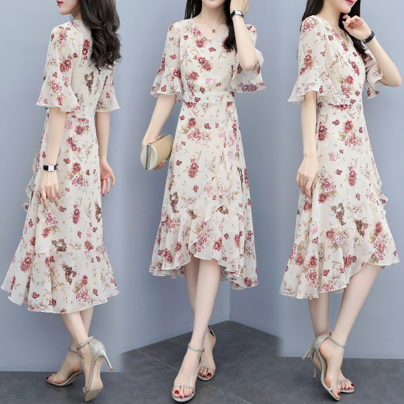 Suvine lühikeste varrukatega volangidega Merineitsi kleit Naiste Elegantne V-kaelusega lilleline kleit Korea moodne šifoonist rannapuhkuse vestid