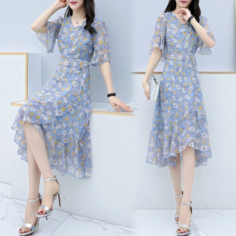 Suvine lühikeste varrukatega volangidega Merineitsi kleit Naiste Elegantne V-kaelusega lilleline kleit Korea moodne šifoonist rannapuhkuse vestid