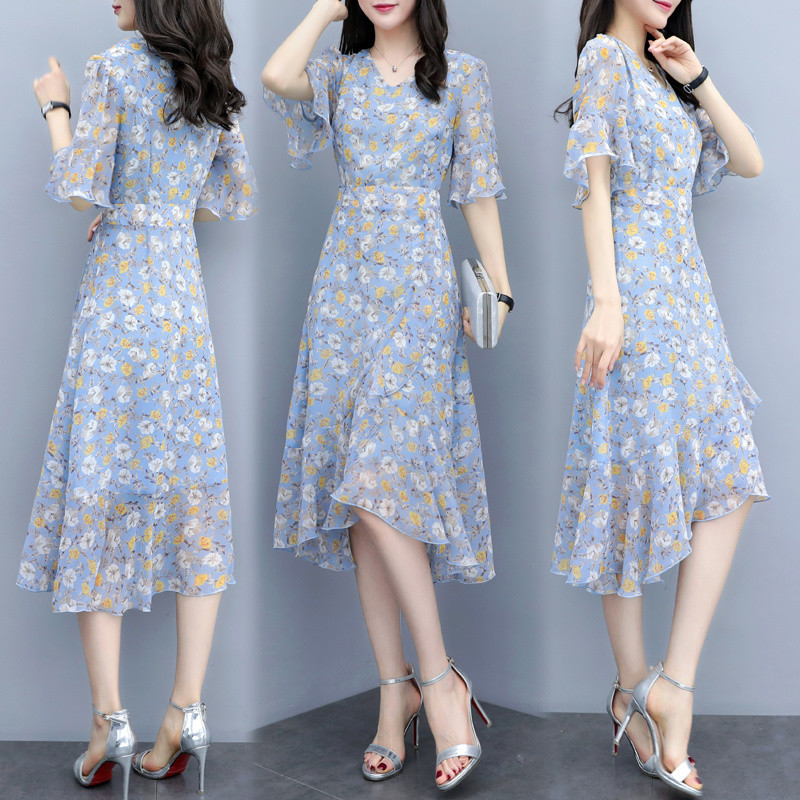 Suvine lühikeste varrukatega volangidega Merineitsi kleit Naiste Elegantne V-kaelusega lilleline kleit Korea moodne šifoonist rannapuhkuse vestid