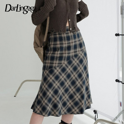 Fusta midi în stil Anglia Darlingaga Vintage y2k Fusta midi în stil japonez coreean șic Fusta în carouri Femei Pantaloni cusuți Ținute în carouri Preppy