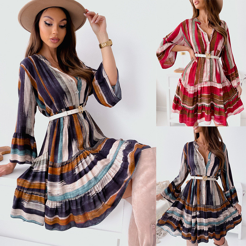 Office Lady Κομψά, σέξι, μικτά έγχρωμα φορέματα με κουμπιά, άνοιξη 2024, μανίκι καρπού, πουλόβερ με λαιμόκοψη, μίντι γυναικεία ρούχα