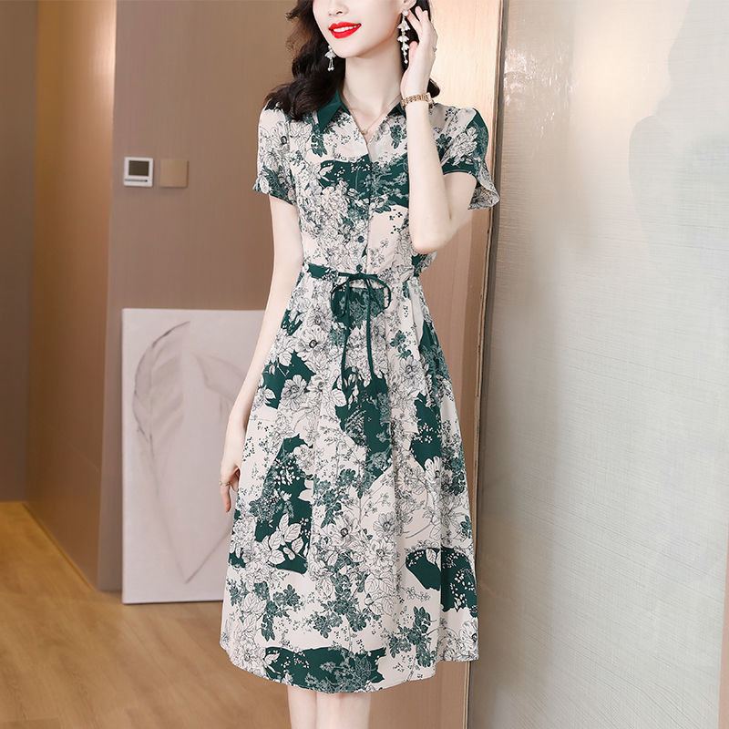Divat ingázás Üzemben nyomtatott ruhák Női ruházat Hétköznapi gombos nyári új lehajtható gallérral Elegáns A-vonalú derék Midi ruha