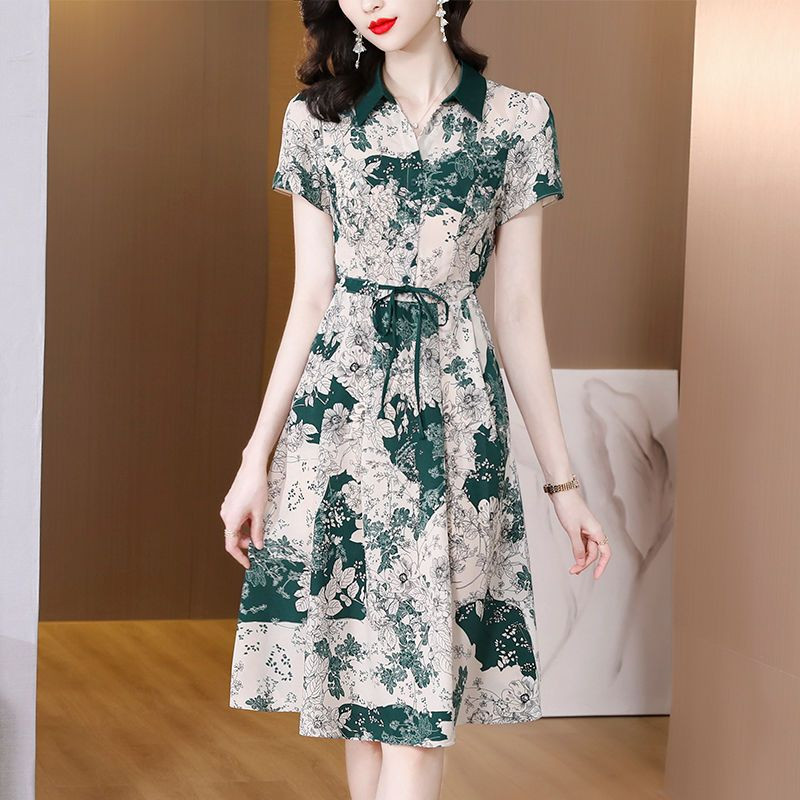 Divat ingázás Üzemben nyomtatott ruhák Női ruházat Hétköznapi gombos nyári új lehajtható gallérral Elegáns A-vonalú derék Midi ruha