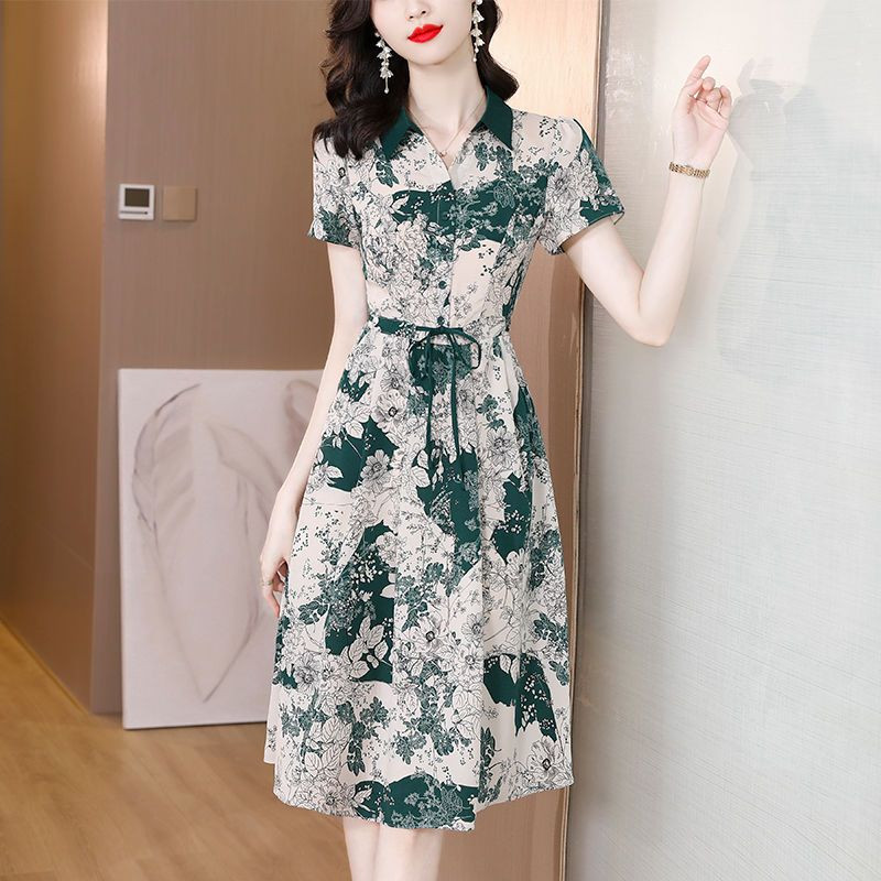 Divat ingázás Üzemben nyomtatott ruhák Női ruházat Hétköznapi gombos nyári új lehajtható gallérral Elegáns A-vonalú derék Midi ruha