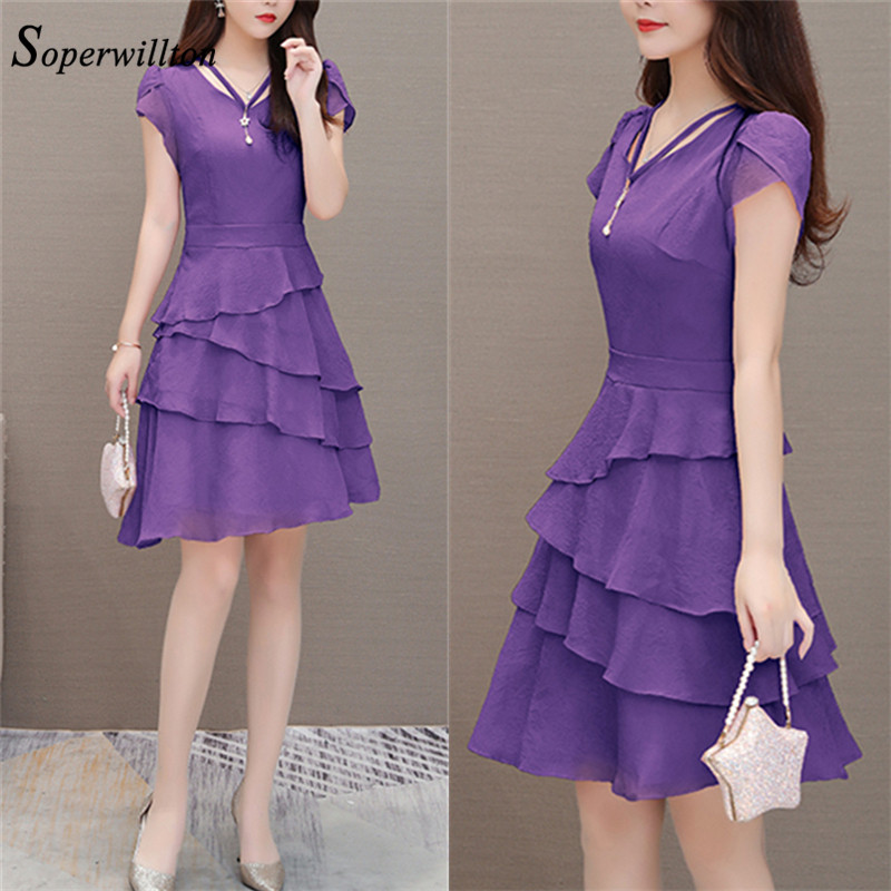 Καλοκαιρινό φόρεμα σιφόν Γυναικεία μονόχρωμα φορέματα με λαιμόκοψη V-λαιμόκοψη Sweet βολάν μανίκι Λεπτό Νέο casual πολυεπίπεδο γυναικείο φόρεμα 3XL μεγάλο μέγεθος