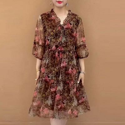 Casual Broken Flowers Printed Midi Φόρεμα Vintage Γυναικεία Ρούχα Κομψά φορέματα με κορδόνια με κορδόνια με μισό μανίκι με λαιμόκοψη V