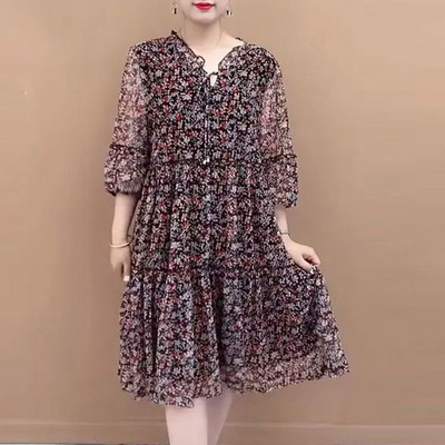 Rochie midi cu imprimeu ocazional cu flori sparte Îmbrăcăminte vintage pentru femeie elegante cu decolteu în V de vară cu jumătate de mânecă la modă Rochii cu șnur