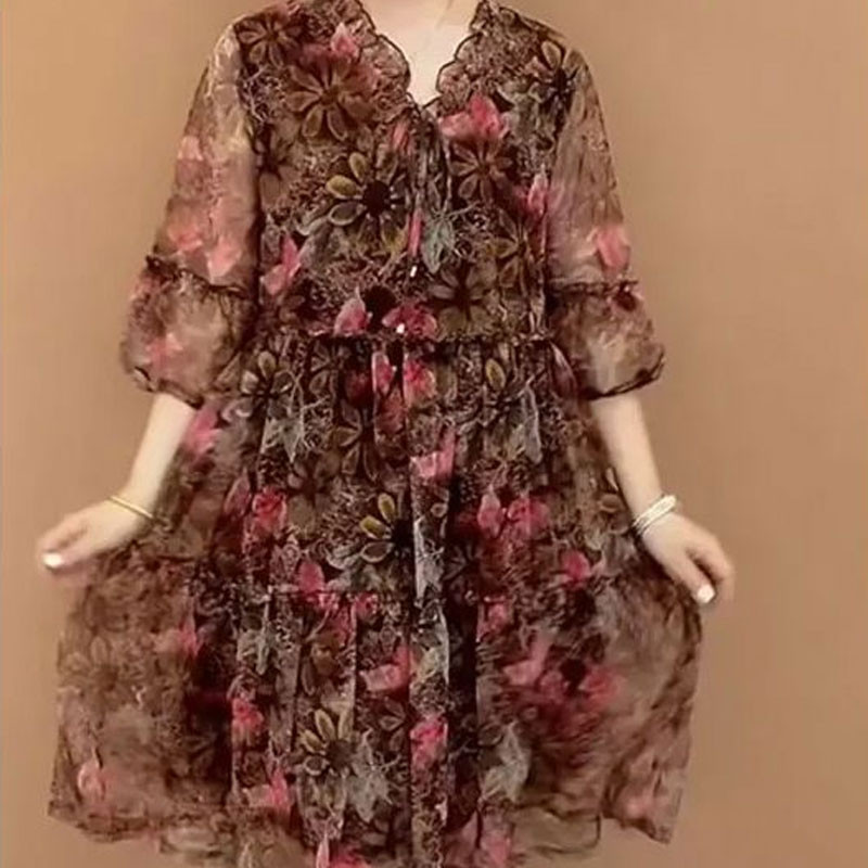 Rochie midi cu imprimeu ocazional cu flori sparte Îmbrăcăminte vintage pentru femeie elegante cu decolteu în V de vară cu jumătate de mânecă la modă Rochii cu șnur