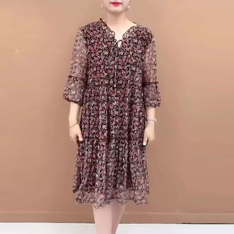 Rochie midi cu imprimeu ocazional cu flori sparte Îmbrăcăminte vintage pentru femeie elegante cu decolteu în V de vară cu jumătate de mânecă la modă Rochii cu șnur