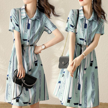 Дамско облекло Летни рокли с щампи за пътуване с къси ръкави Мода с отложна яка с A-силует Ежедневни пояси Корейска миди рокля