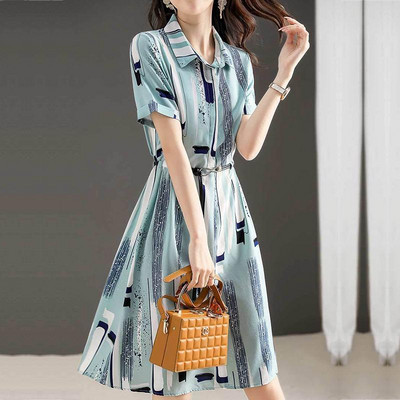 Îmbrăcăminte pentru femei Rochii imprimate pentru navetă Vară Nouă cu mâneci scurte Moda Guler răsucit A-Line Casual Cirele Rochie midi coreeană