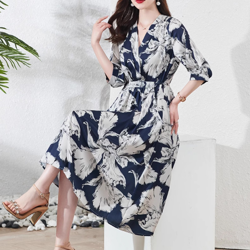 Sieviešu vintage apdruka ar augstu vidukli, mežģīņotu Elegantas ballīšu kleitas Vasaras modes V kakla izgriezuma puspiedurknēm Midi kleita Vestidos Para Mujer