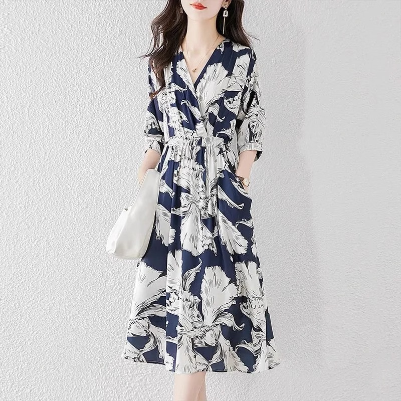 Sieviešu vintage apdruka ar augstu vidukli, mežģīņotu Elegantas ballīšu kleitas Vasaras modes V kakla izgriezuma puspiedurknēm Midi kleita Vestidos Para Mujer