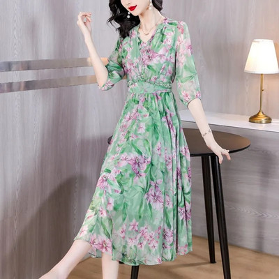 Γυναικείο καλοκαιρινό φόρεμα 2024 Νέα μόδα στάμπα με V λαιμόκοψη Φαρδύ σιφόν Bohemian Beach Κομψό γυναικείο φόρεμα για πάρτι Γυναικεία ρούχα