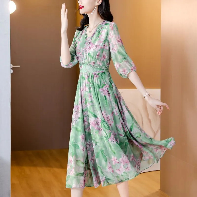 Γυναικείο καλοκαιρινό φόρεμα 2024 Νέα μόδα στάμπα με V λαιμόκοψη Φαρδύ σιφόν Bohemian Beach Κομψό γυναικείο φόρεμα για πάρτι Γυναικεία ρούχα