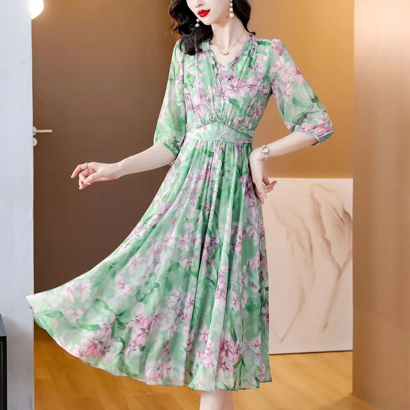 Γυναικείο καλοκαιρινό φόρεμα 2024 Νέα μόδα στάμπα με V λαιμόκοψη Φαρδύ σιφόν Bohemian Beach Κομψό γυναικείο φόρεμα για πάρτι Γυναικεία ρούχα