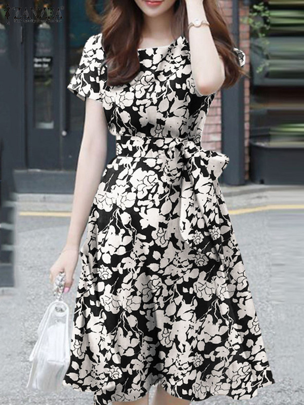 ZANZEA suvine lühikeste varrukatega lilleline kleit naistele Elegantne tööline päikesekleit Bohemain stiilne peol Vestido vabaaja põlvedeni naiselik rüü