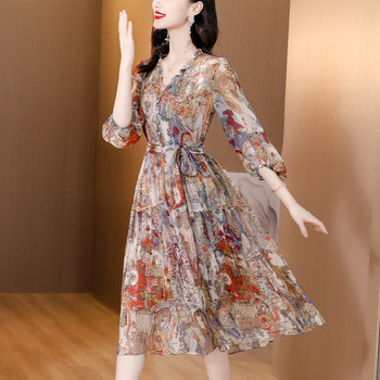 Дамска миди рокля с копринени цветя и V-образно деколте Лятна корейска елегантна ежедневна вечерна вечерна рокля 2024 г. Модна шикозна луксозна фестивална рокля
