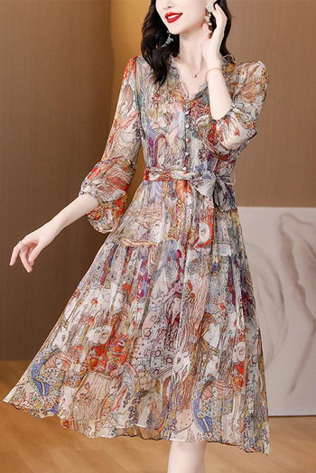 Дамска миди рокля с копринени цветя и V-образно деколте Лятна корейска елегантна ежедневна вечерна вечерна рокля 2024 г. Модна шикозна луксозна фестивална рокля