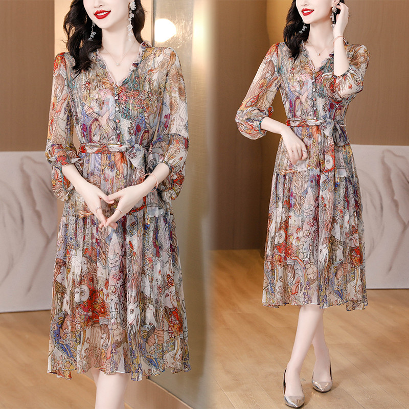 Sieviešu puķaini zīda volāni V veida kakla izgriezuma Midi kleita Vasaras korejiešu eleganta gadījuma ballītei Vestidos 2024 Modes, eleganta, grezna festivāla kleita