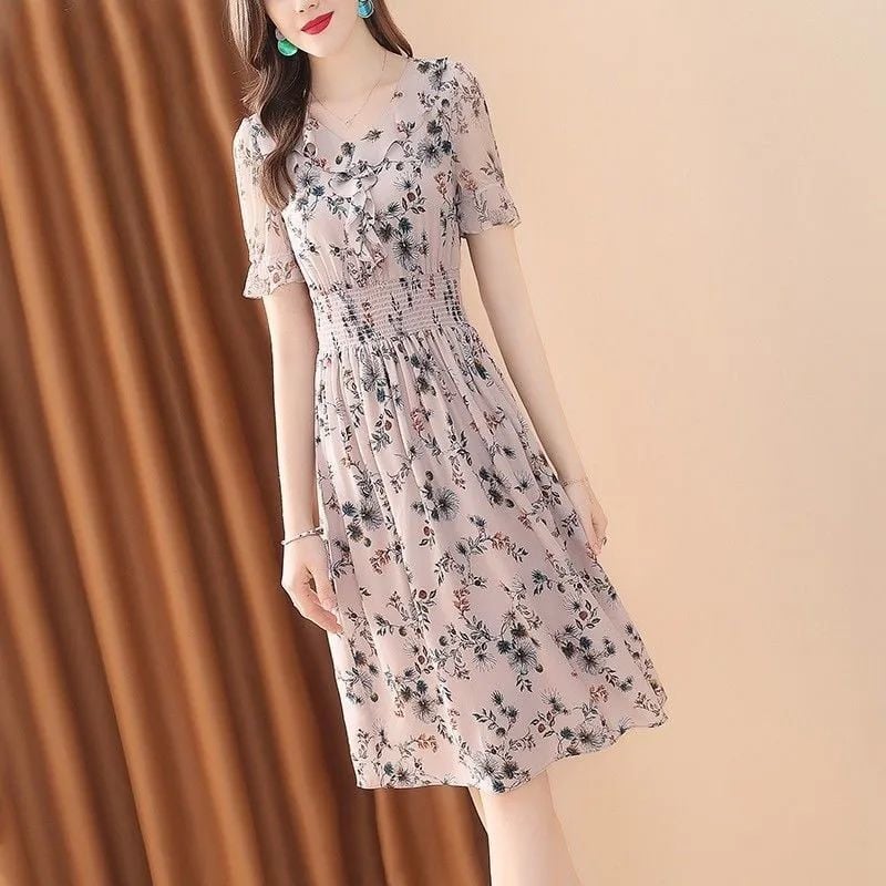 Καλοκαιρινό νέο υπερμεγέθη φόρεμα σιφόν με λαιμόκοψη με λουλουδάτο τύπωμα κοντό μανίκι Empire φούστα σε γραμμή Α Καλοκαιρινή νεανική γυναικεία ρούχα 2022