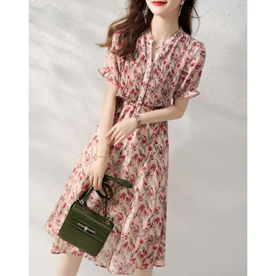 Rochie florală de femeie 2024, vară, modă nouă, elegantă, pliată, cu nasturi, cu decolteu în V, pulover, cu talie elastică, până la genunchi, haine de femeie Rochii