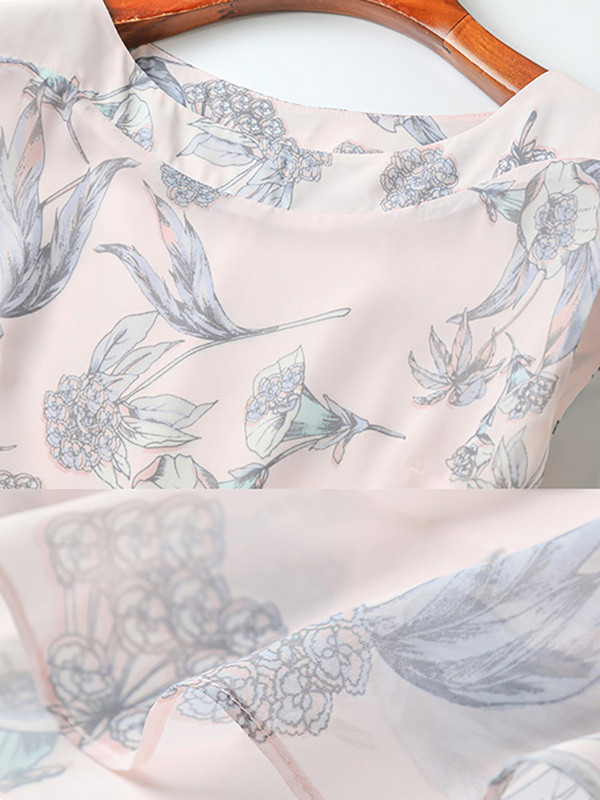 Καλοκαιρινό φόρεμα σιφόν στάμπα Νέες γυναικείες αμάνικο κορδόνι με λαιμόκοψη Κομψό φόρεμα σε γραμμή Α με λεπτό πιέτες Office Lady Vestidos