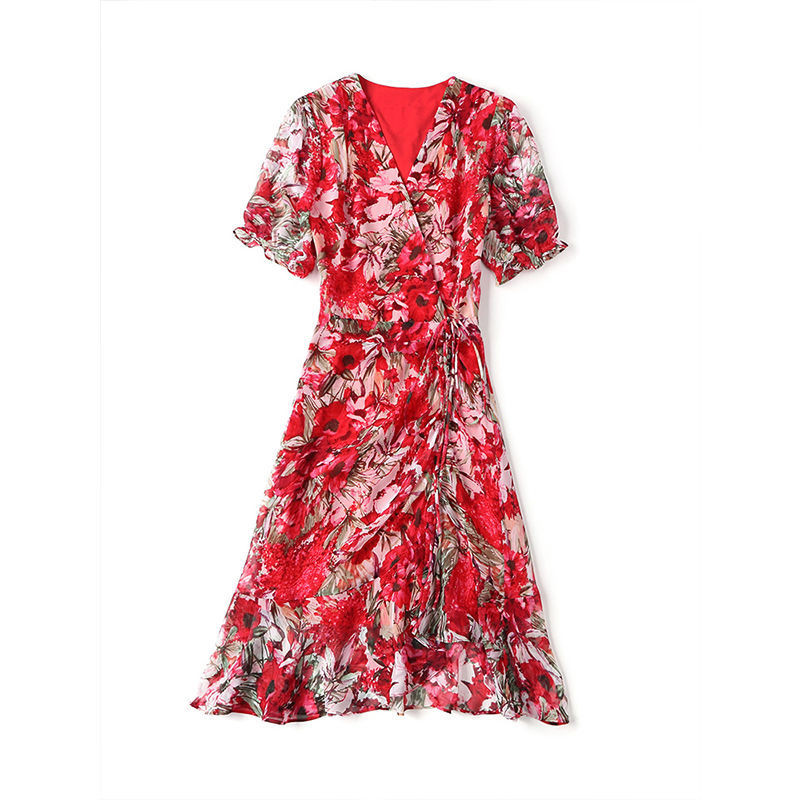 2023. aasta uus suvine moetrükk Šifoonist V-kaelusega lühikeste varrukatega lilleline kleit naiste temperamendiga ebaregulaarne õhuke naiste kleit