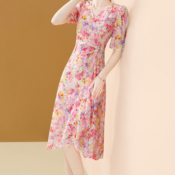 EVNISI Дамска елегантна рокля с флорални щампи, V-образно деколте, Естествена коприна, къси ръкави, A-силует, шик дамски офис Vestido лято 2024 г.