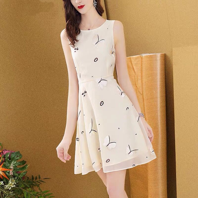 Rochie de soare fără mâneci cu imprimeu fluture de modă pentru damă de birou Îmbrăcăminte pentru femei ocazional rochie midi de vară cu gât rotund