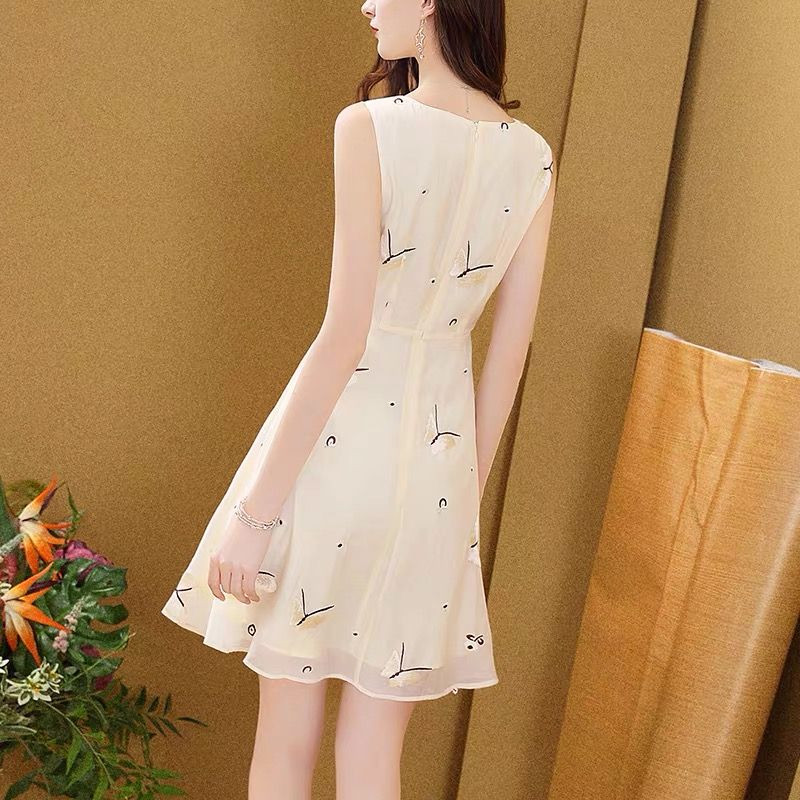 Rochie de soare fără mâneci cu imprimeu fluture de modă pentru damă de birou Îmbrăcăminte pentru femei ocazional rochie midi de vară cu gât rotund