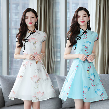 Лято 2023 Нова модерна подобрена Cheongsam шифонена щампа Винтидж традиционен китайски стил Тънка рокля Qipao