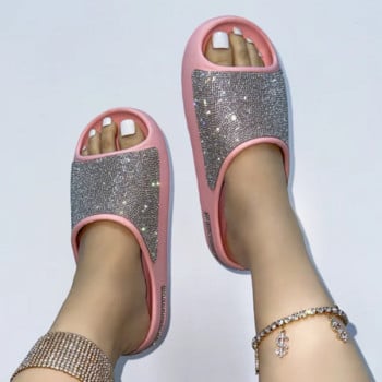 2024 дамски/мъжки нови луксозни дамски обувки с диамантено лице, тънка флаш чехли с дебело дъно, сандали, външни плажни чехли