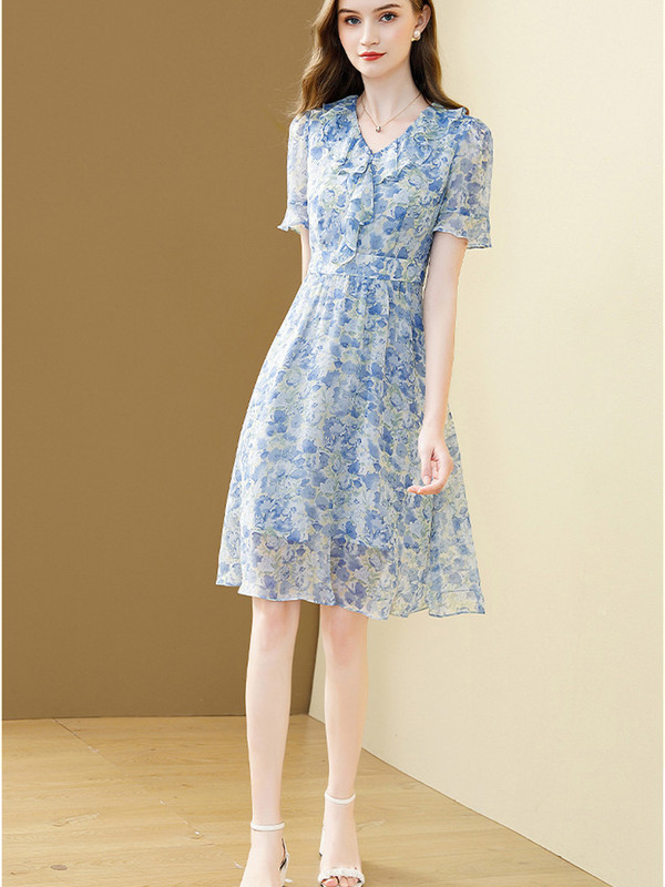 EVNISI női elegáns kék virágmintás sifon ruha, V-nyakú, elegáns irodai A-LINE ruhák buli Vestido nőknek 2024. nyár